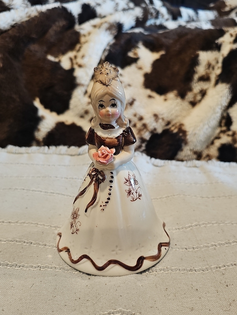Vintage Ceramic Bell Girl with Pink Rose